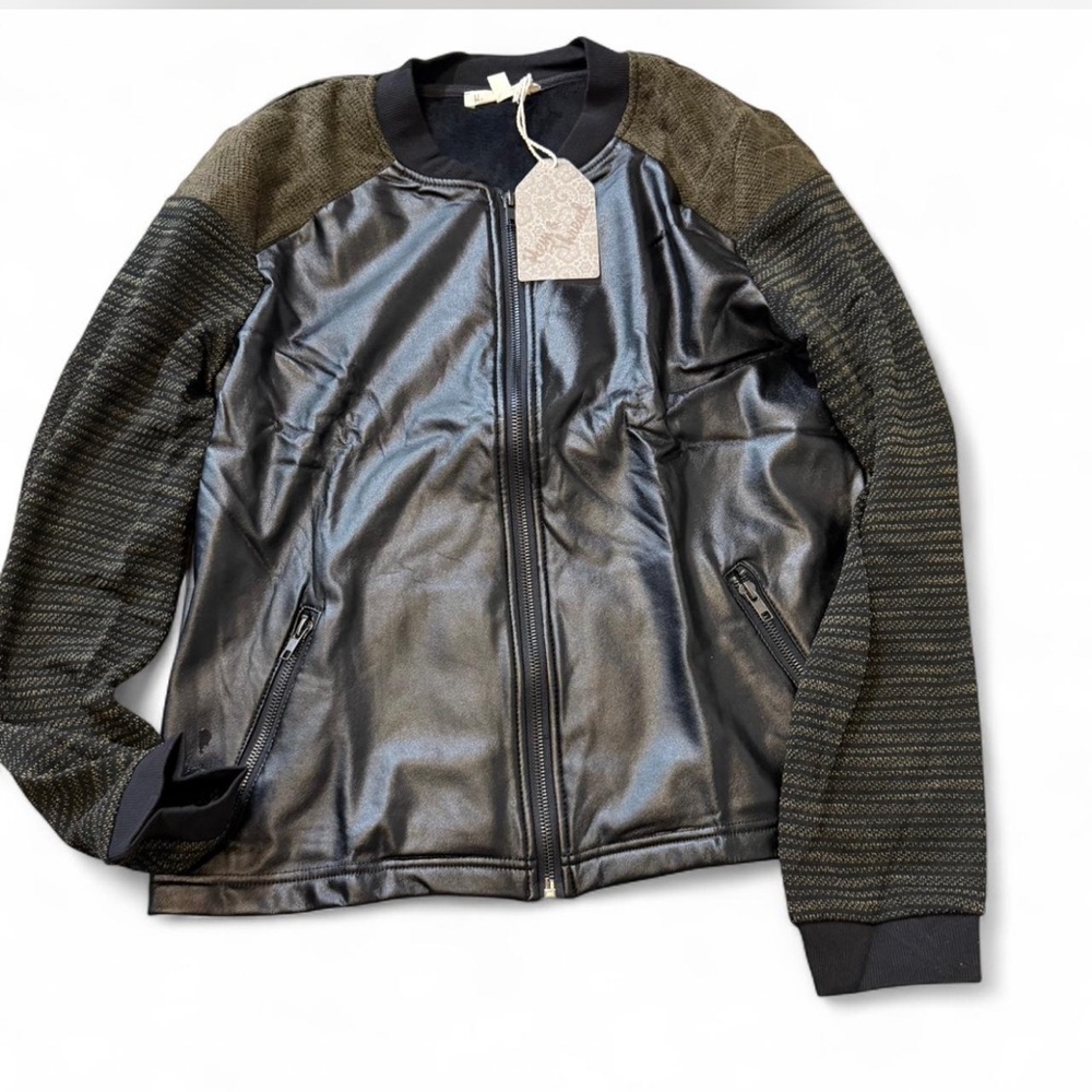 Vegan Leather/Knit Spliced Bomber Jacket - Picture 5 of 16